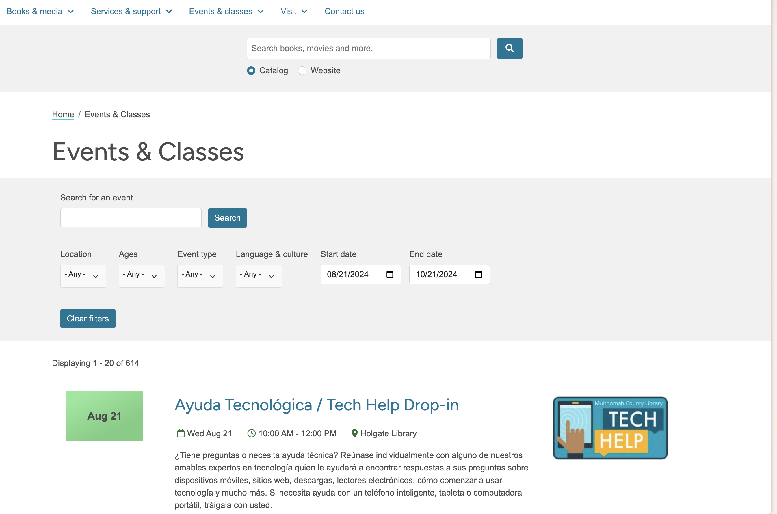 Screenshot of the current Multnomah County Library Events Page
