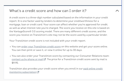 TransUnion describing the fee and process for retrieving a credit score.